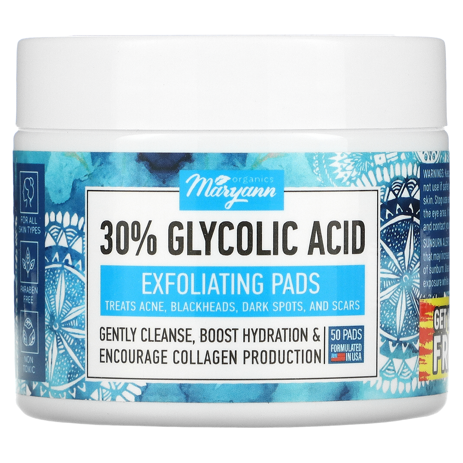 30% Glycolic Acid Exfoliating Pads, 50 Pads, Maryann Organics