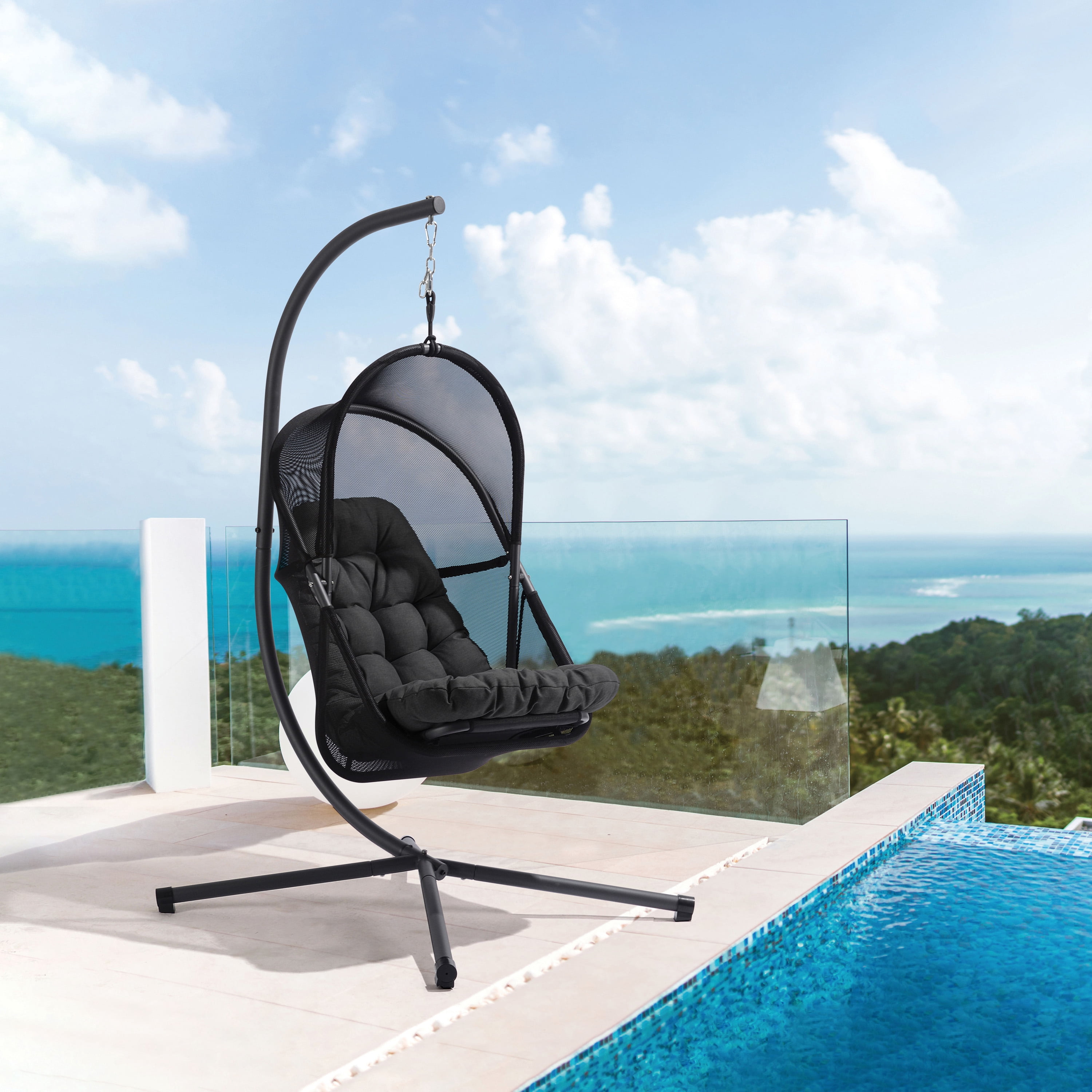 Furniture of America Drift UV-Resistant Patio Foldable Swing Chair with Stand, Black