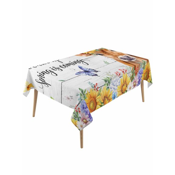 Spring Cow Table Cloth, Waterproof Tablecloth for Rectangle Tables, Summer Sunflower Botanical Vintage Reusable Washable Fabric Table Cover for Restaurant Kitchen Dining Tables 54"x108"