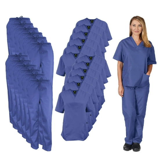 M&M SCRUBS Women Scrub Set V-Neck Medical Scrub Tops and Drawstring Pants - Pack of 12 Set (Ceil Blue, XX-Small)