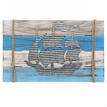 Barnyard Designs Nautical Wooden Plaque with Sailor Rope and Corrugated Sheet Metal Sailboat Cutout, 22