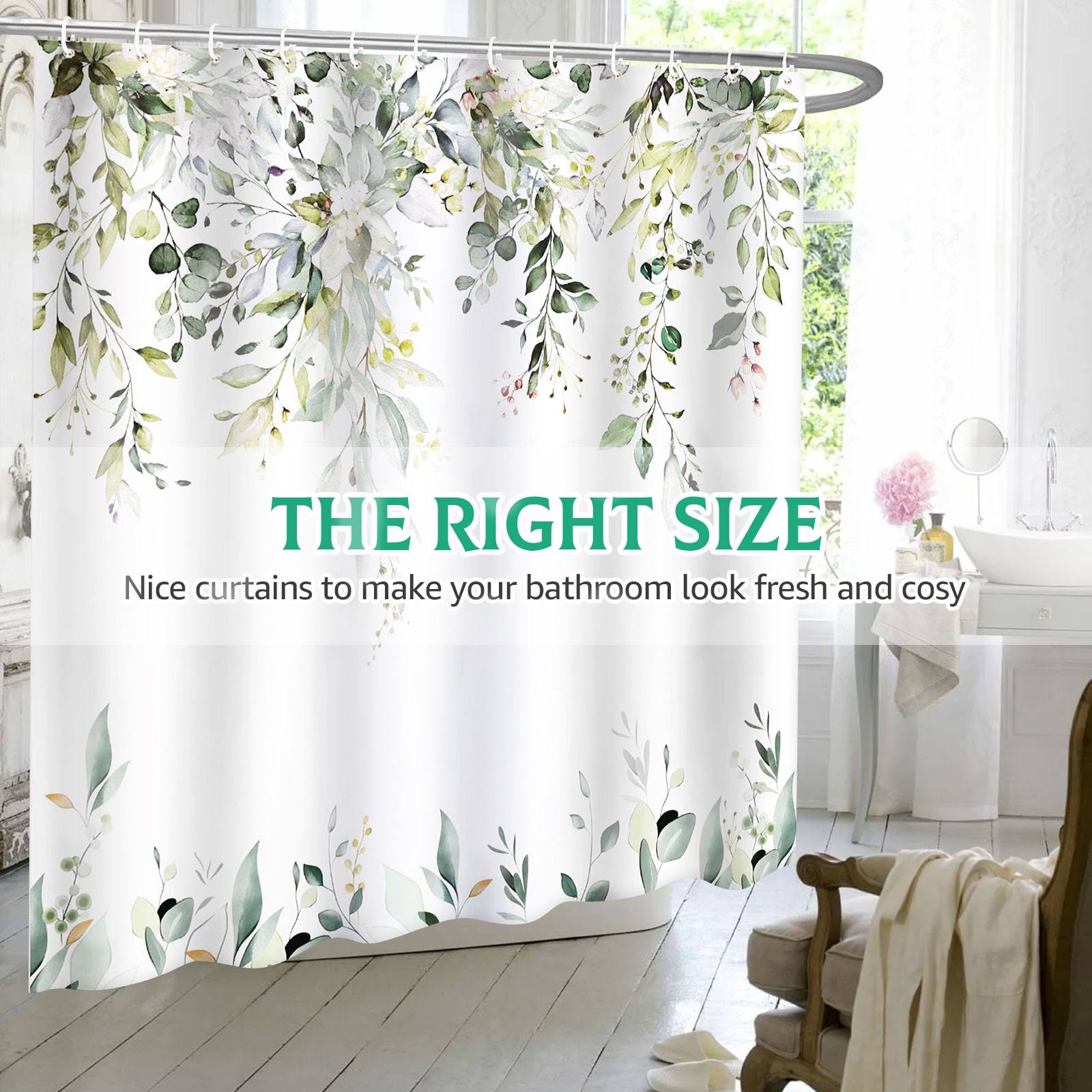 Dznils Green Eucalyptus Watercolor Floral Shower Curtain, 72x72" photo 5