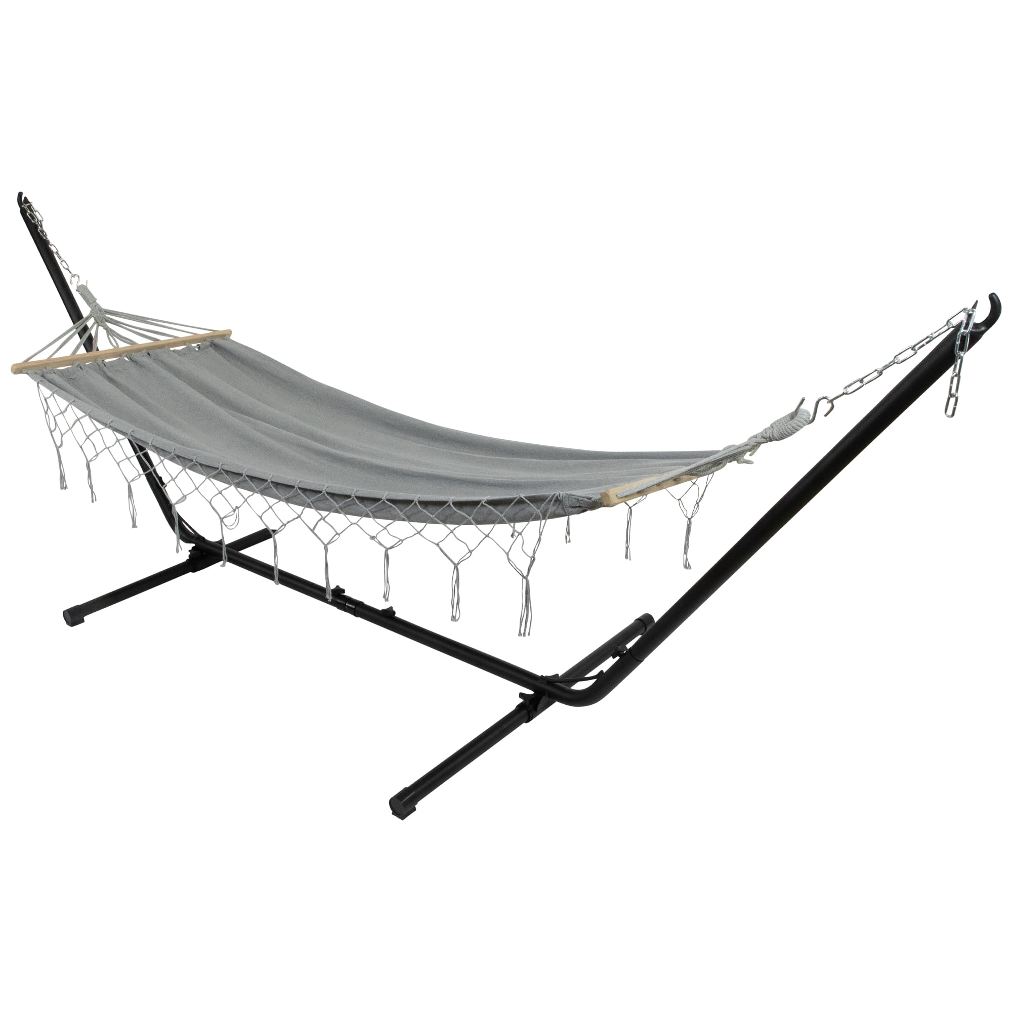 Northlight Hammock with Netted Fringe and Wooden Bars - 100" x 41" - Gray