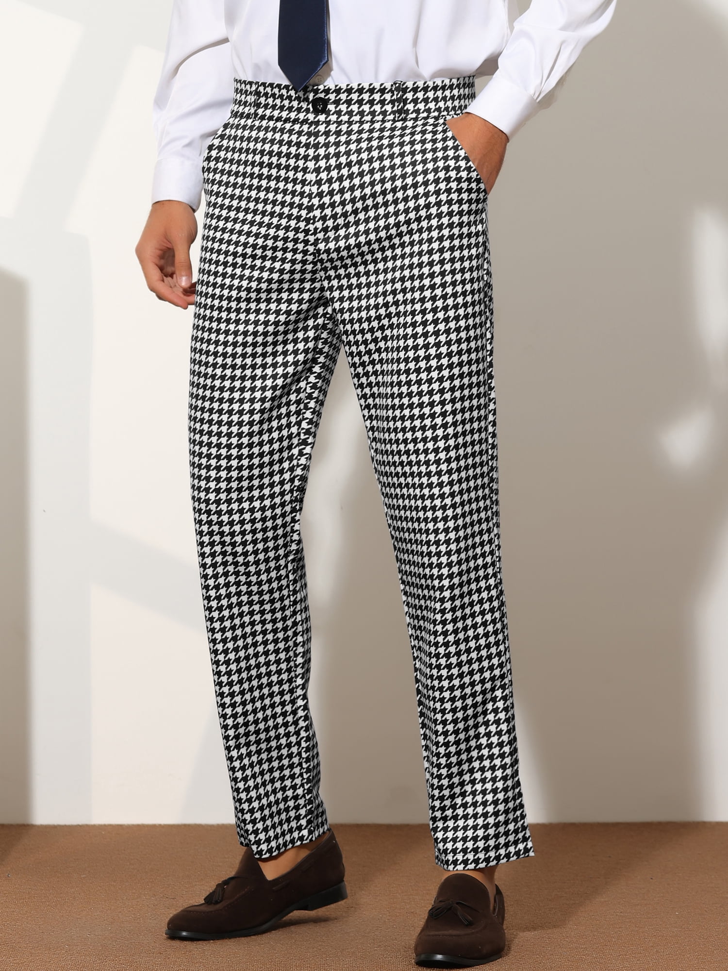 Unique Bargains Men's Houndstooth Pattern Pants Slim Fit Business Plaid Dress Trousers 38 White Black