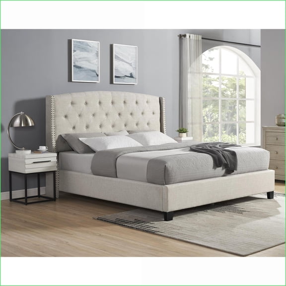 Bedroom Set, 3-Piece Cream Tufted Wingback Bed & Two Nightstands - King/Queen | Engineered Wood | Wingback Beds