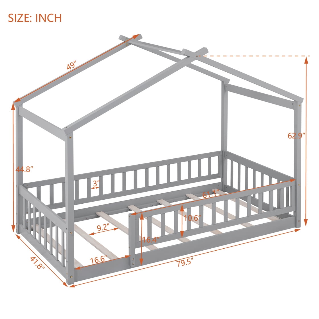 Twin Size House Floor Bed with Roof, Wooden Montessori Floor Bed Frame with Safety Fence and Wooden Slats, Montessori House Floor Bed for Boys and Girls, Gray