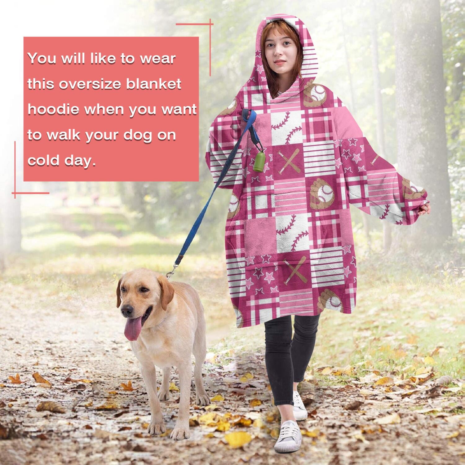 Pink Plaid Baseball Pattern Wearable Oversized Blanket,Wearable Blanket Hoodie for Adults,Cozy Hooded Blankets with Super Pockets,Super Warm Fuzzy Pullover for Women & Men