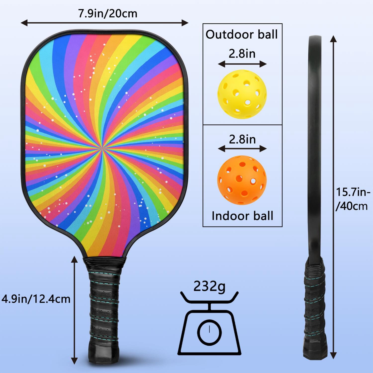 Pickleball Paddles Set Of 1, Fiberglass Surface, Vibrant Rainbow Print, 1 Paddle, 2 Balls & Bag