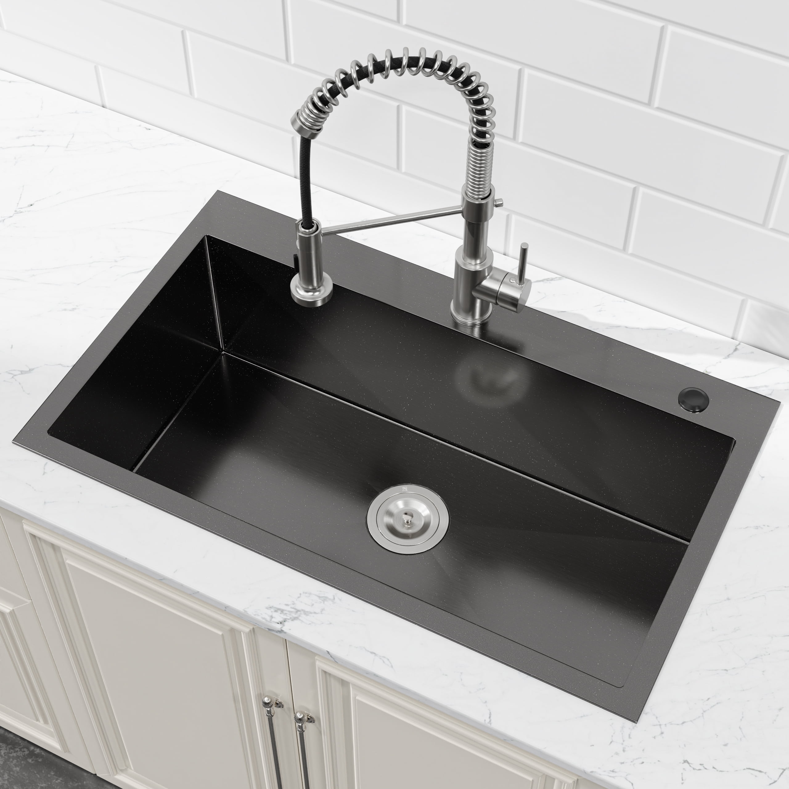 32-inx19-in Black Stainless Steel Drop-In Kitchen Sink-Single Bowl 16 Gauge Topmount Sink with US Drain And Hooks