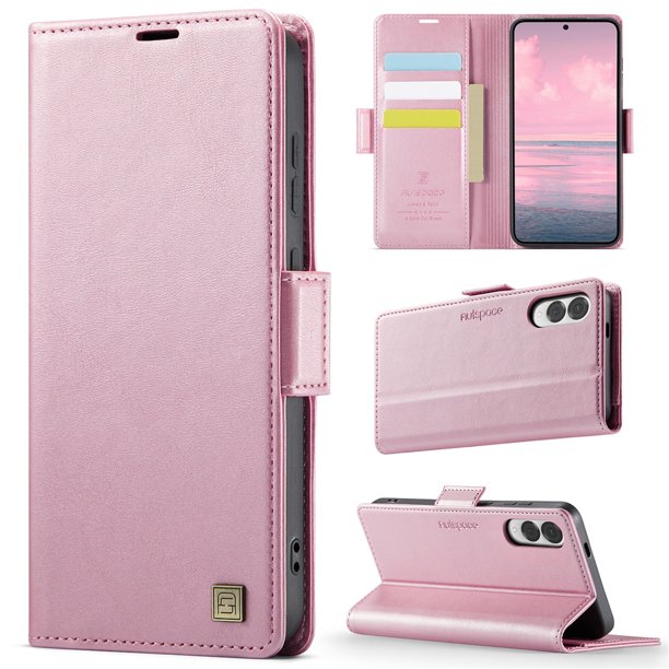Autspace Funda para Teléfono con Monedero Magnético Samsung Galaxy S25 Edge de 6,7 Pulgadas, Funda Protectora de Cuero con Función de Tarjetero, Funda con Tapa a Prueba de Golpes, Oro Rosa