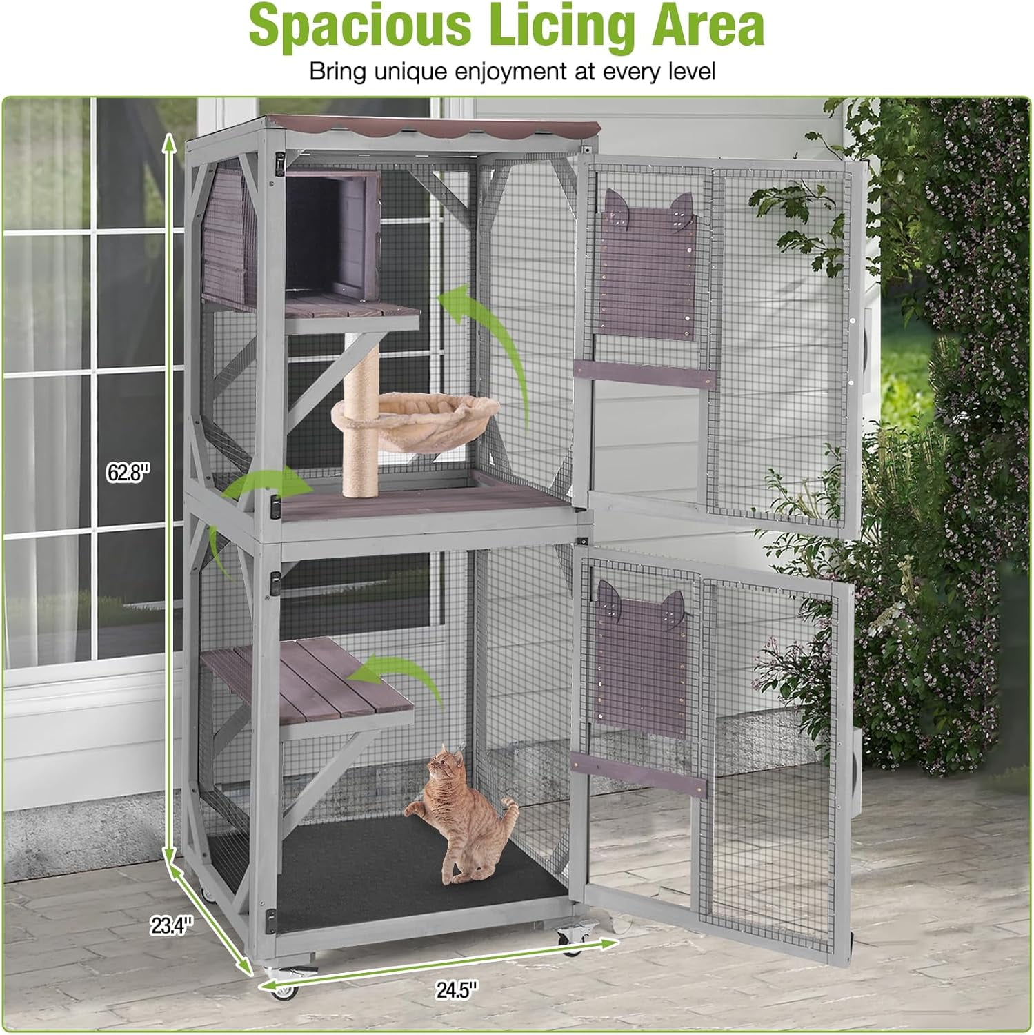 MEDEHOO Catio Outdoor Cat Enclosure Mobile Cat House Indoor On Wheels with Scratch Post, Hammock, Resting Box, Platform, Tarp Roof 62.8", Grey