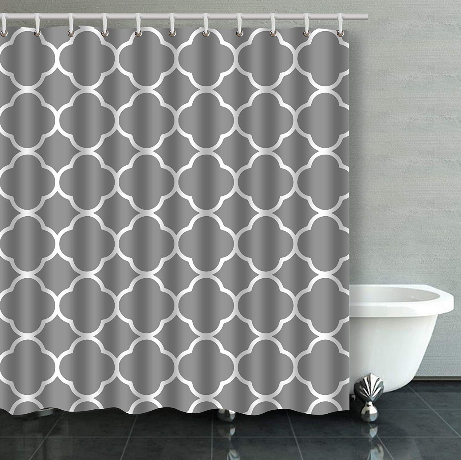 ARTJIA Silver Grey Moroccan Quatrefoil Bathroom Shower Curtain 66x72