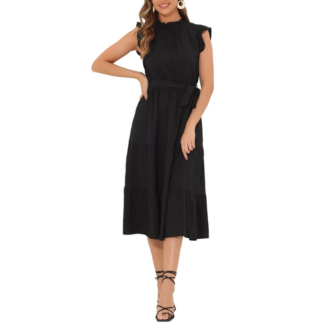 INSPIRE CHIC Vestidos Midi para Mujeres con Cuello Alto y Manga Corta con Volantes M Negro