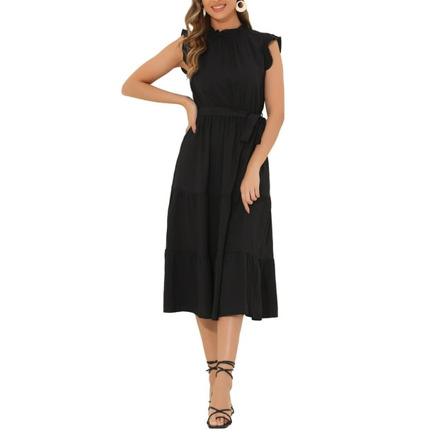INSPIRE CHIC Vestidos Midi para Mujeres con Cuello Alto y Manga Corta con Volantes M Negro