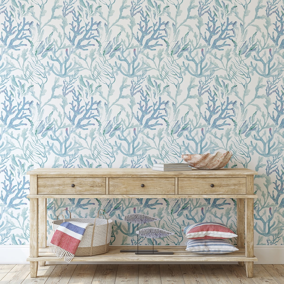 Tempaper Coral Reef Aqua Blue Peel and Stick Wallpaper, 20.5" x 16.5'