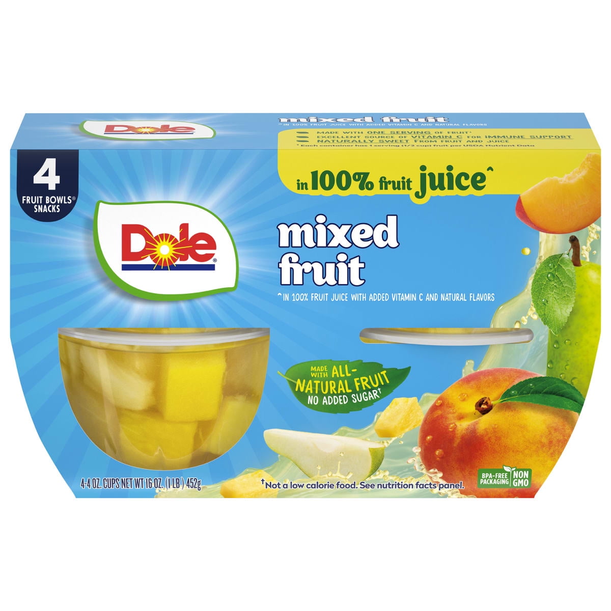 (4 pack) (4 Cups) Dole Fruit Bowls Mixed Fruit in 100% Fruit Juice, 4 oz