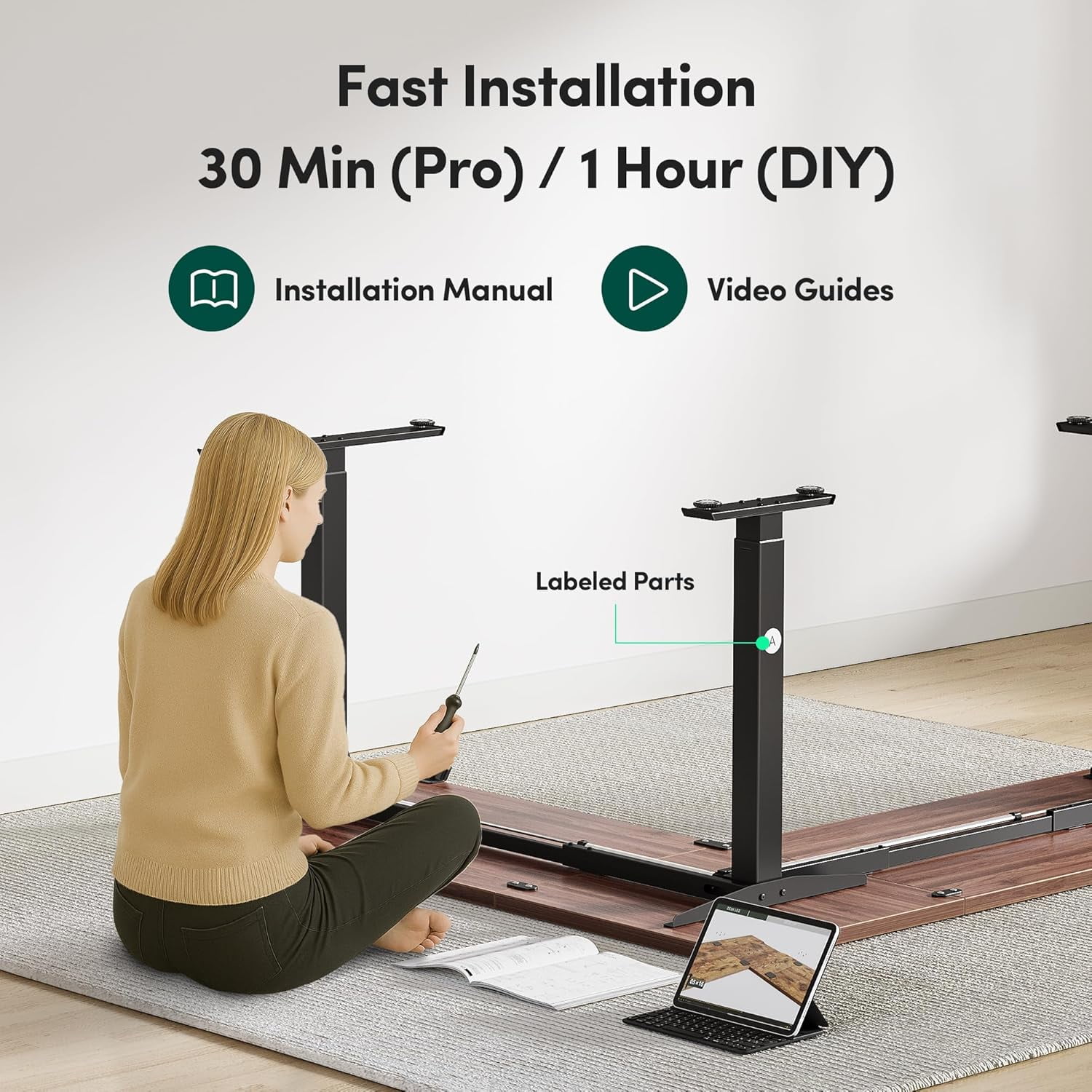 DESINO L-Shaped Standing Desk Adjustable Height, 63 Inch Electric Stand up Corner Computer Desk, Sit Stand Home Office Desk with Splice Board, Light Rustic Brown