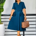 thumbnail image 2 of AURA Plus Size Summer V Neck A Line Midi Dress High Waist Short Sleeve Elegant African Work Dress with Belt, 2 of 10