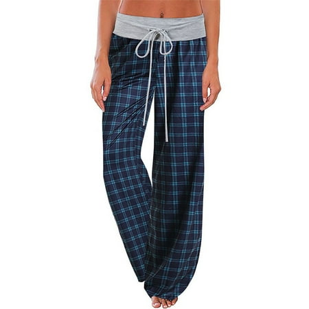 

Colisha Women Boho Casual Loose Long Pants Plaid Elastic Waist Yoga Sports Long Pants Wide Leg Lounge Pajama Trouser