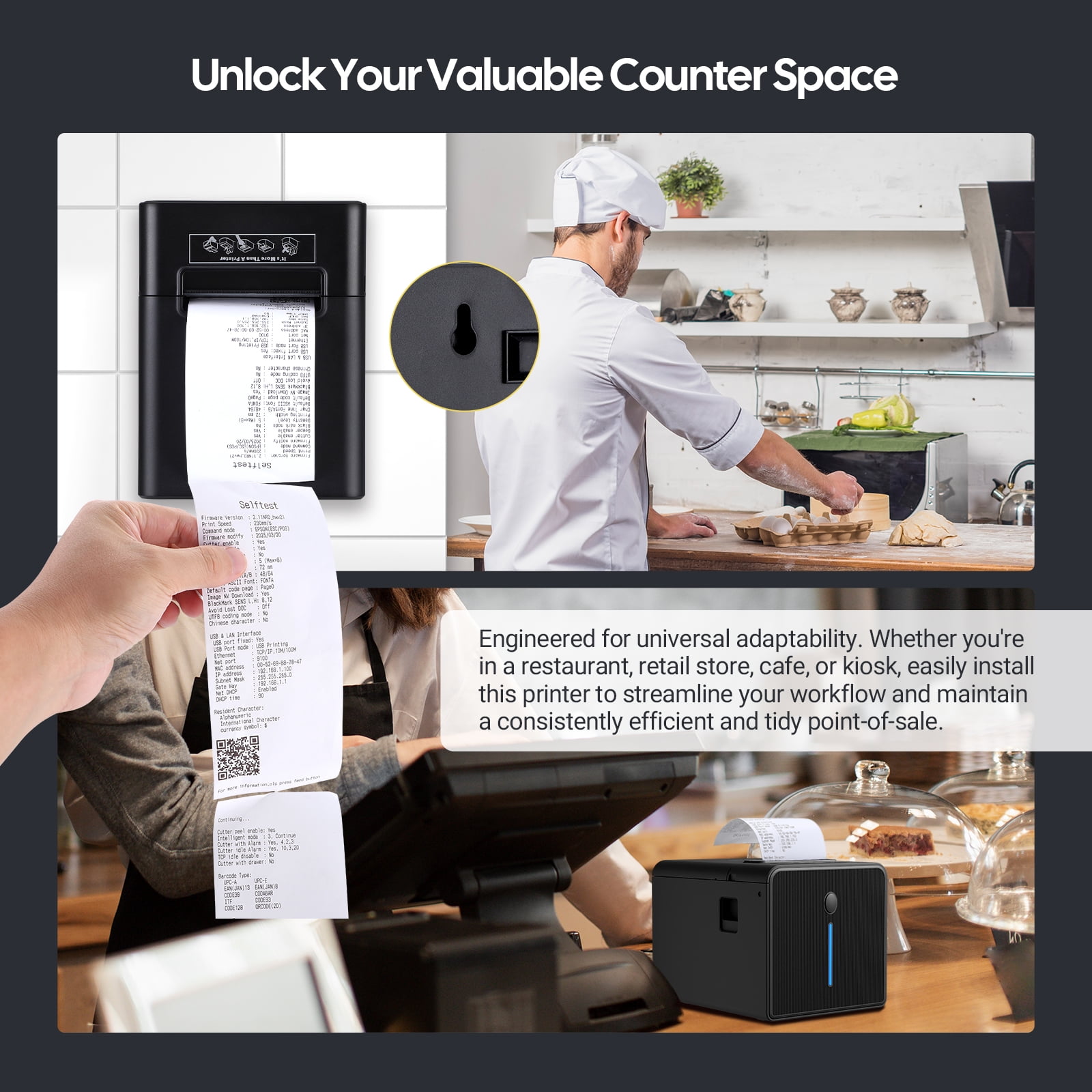 INKBIRD Thermal Receipt Printer, Waterproof IP54 Kitchen POS Printer, Ethernet USB RJ11, 230mm/s Direct Thermal Printing, Wall-Mounted, Ideal for Restaurant Cafe Supermarket