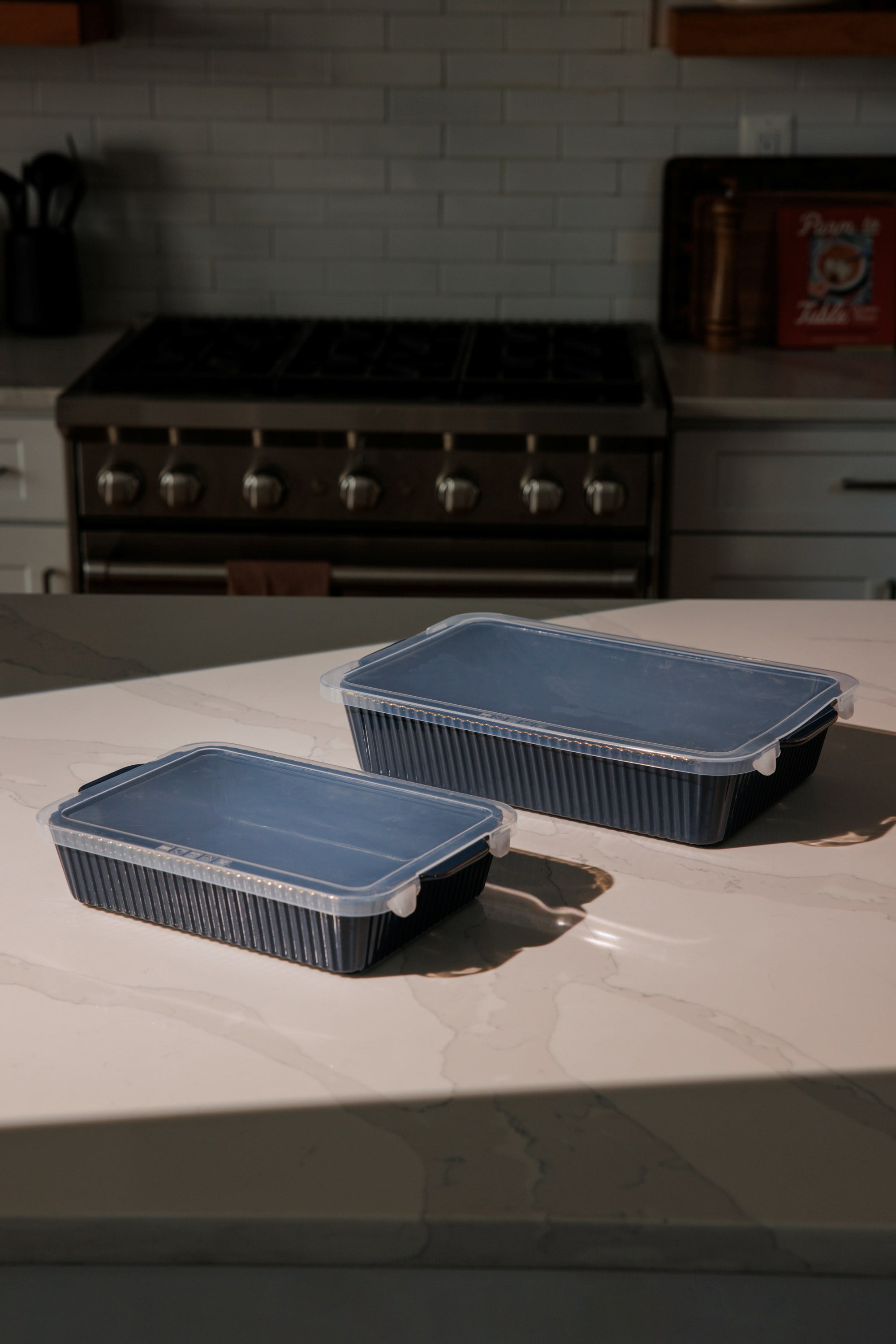 Thyme & Table 4-Piece Stoneware Bakeware Set, Includes Lids, 9"x13" , 7"x10" Bakers With Lids , Atlantic Blue Ribbed