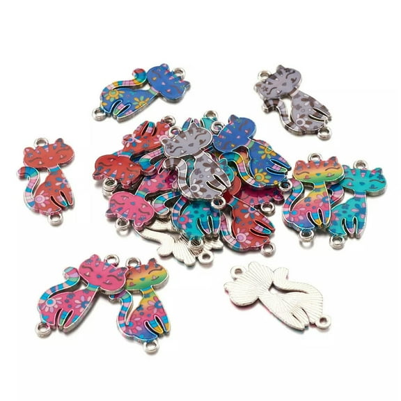 EOEMY 10Xcolorful Printed Alloy Enamel Links Cute Mini Cat Charms Pendants 29.5X16.5mm