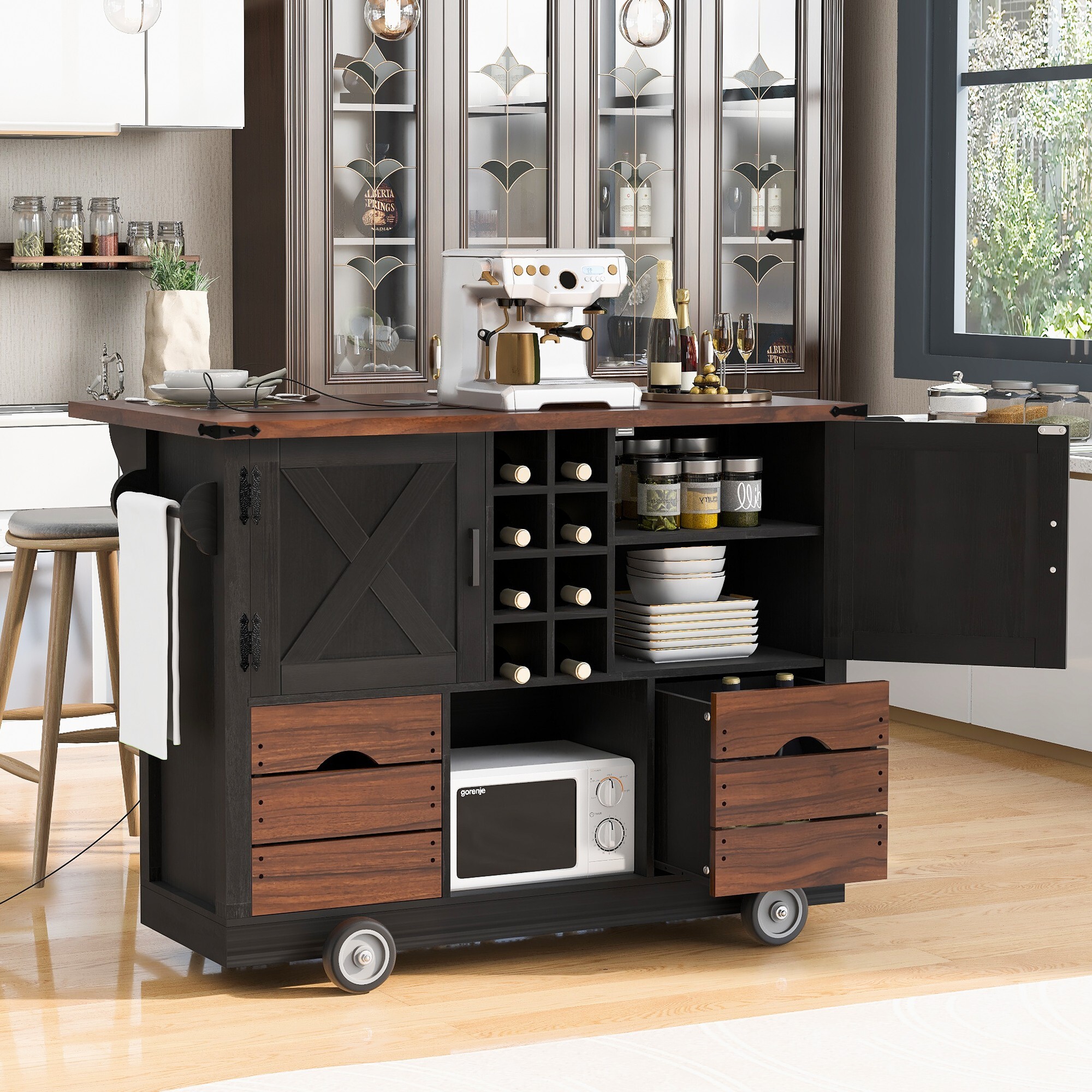 AENKYO Farmhouse Kitchen Island with Drop Leaf, Power Outlets, Rolling Storage Cart on Wheels, Black & Rustic Brown