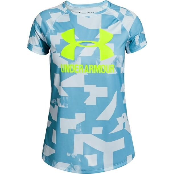 Under Armour Girls' Big Logo T-Shirt Novelty Short Sleeve T-Shirt, Coded  Blue (451)/High-Vis Yellow, Youth X-Small 