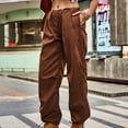 thumbnail image 2 of RYRJJ Baggy Parachute Pants for Women Drawstring Elastic Low Waist Ruched Cargo Pants Multiple Pockets Jogger Y2K Streetwear Pants(Brown,XL), 2 of 5