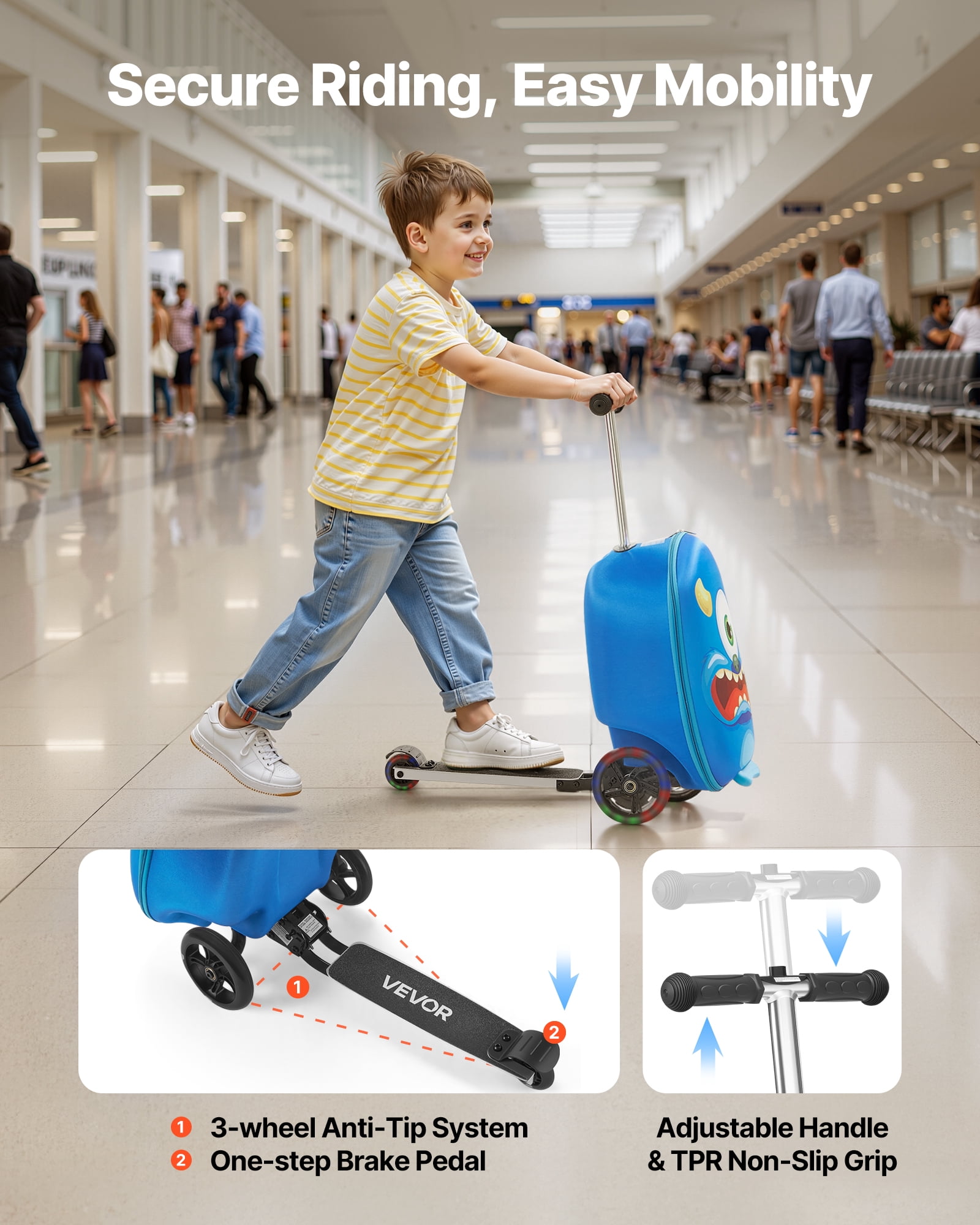 VEVOR Ride-on Luggage, 20 L Capacity, 20 Inches Kids Scooter Suitcase with Flash PU Wheels, Adjustable Handle & TPR Non-Slip Grip, Foldable & Lightweight Scooter Luggage for Kids Aged 5+, Blue