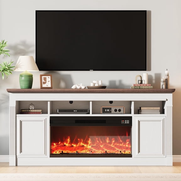 Garvee Fireplace TV Stand for TVs up to 75", Farmhouse Entertainment Center with 36" Electric Fireplace & LED Lights, Media TV Console Table with Storage Cabinets for Living Room, White and Brown