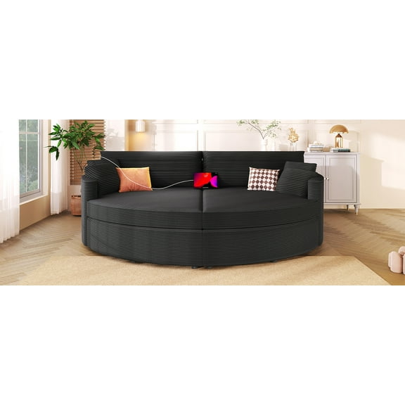 LiviNest Round Sectional Sofa: Oversized Double Chaise Lounge with USB Ports & Deep Seat - Modern Corduroy Upholstered Loveseat for Living Room & Home Office