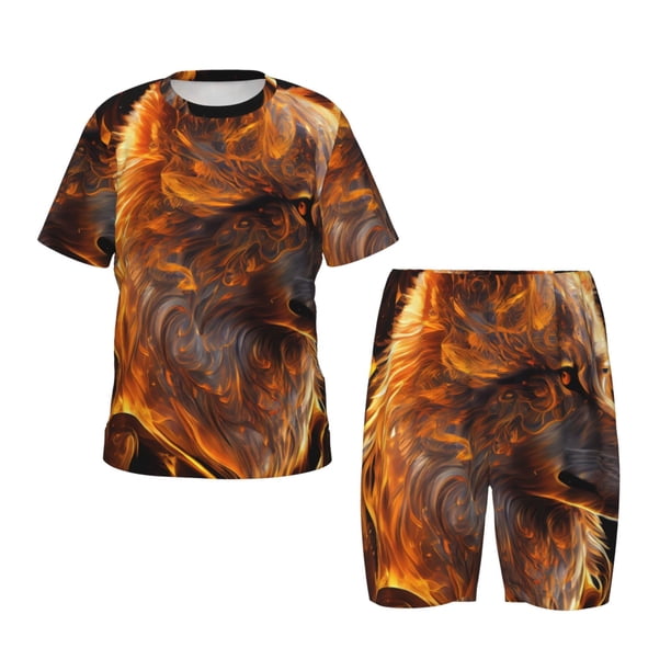 Balery Gold Flame Pattern Wolf Conjunto de Pijama Infantil de Manga Corta con Estampado – Ropa de Dormir de Algodón Suave-Large