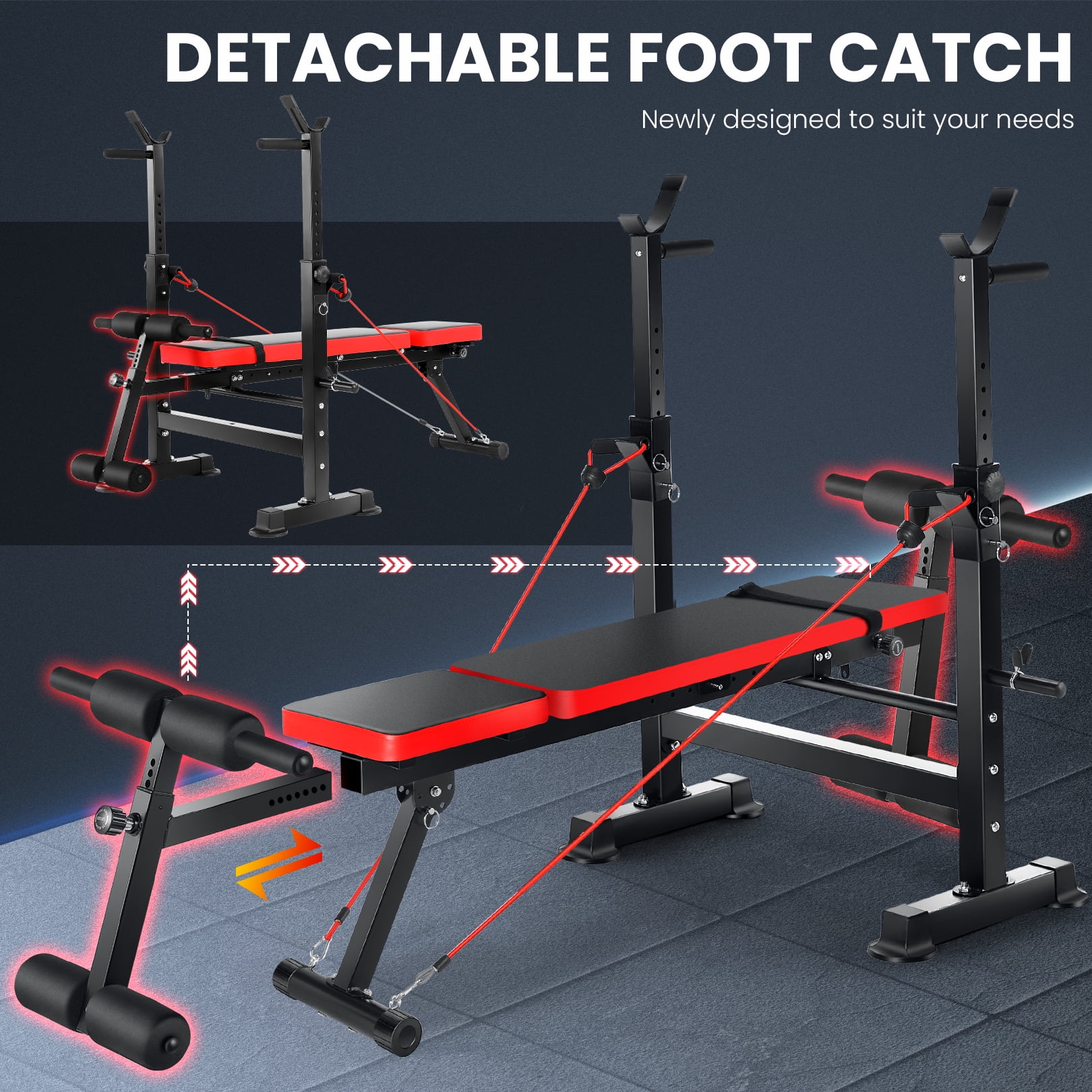 VIBESPARK Foldable Workout Bench, Adjustable Weight Bench Set with Barbell Rack Removable Foot Catch for Incline Flat Decline Sit up Bench Press Set for Full Body Exercise