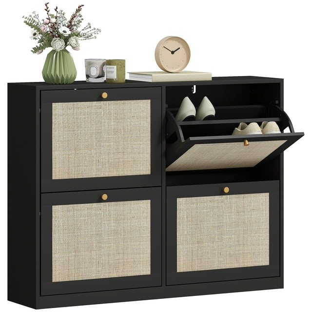 HOMCOM Armoire à Chaussures Étroite avec 4 Tiroirs Basculants pour Entrée Couloir Noir