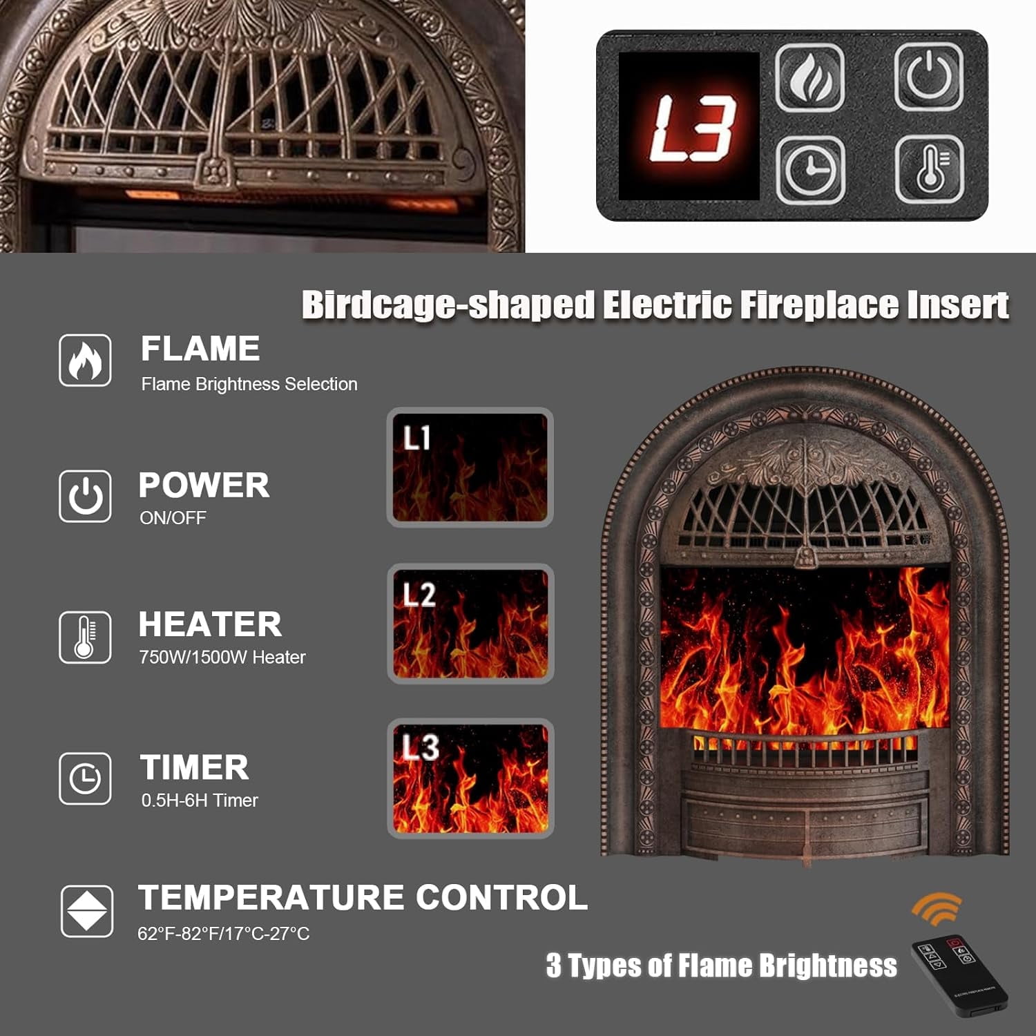 Electric Fireplace Insert, Vintage Birdcage Heater with Remote Control