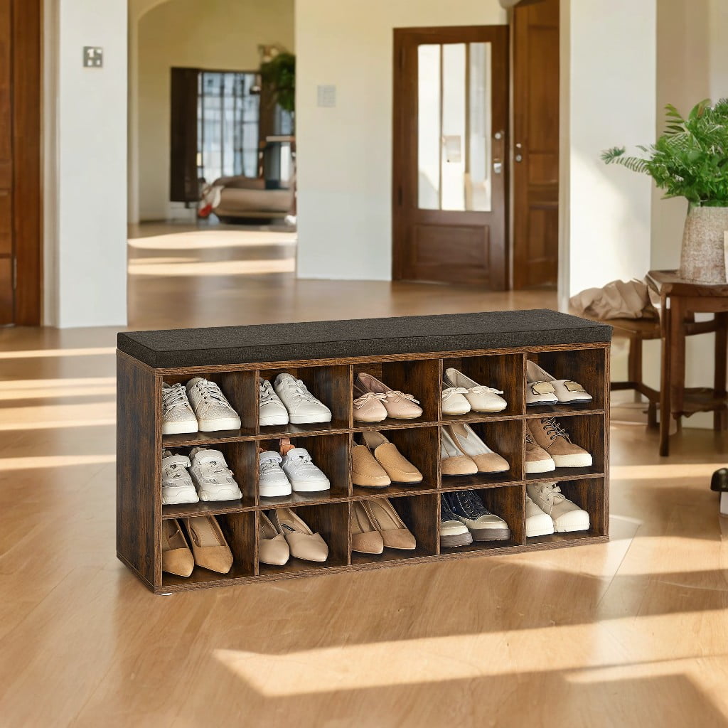 Shoe Rack Bench with Cushion 15 Compartments Storage Bench Shoe Bench for Entryway, 11.8 x 41.3 x 18.9 Inches