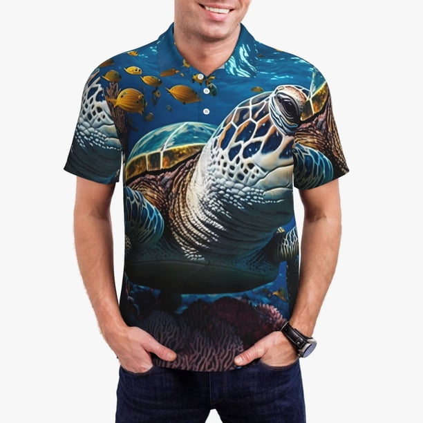 Fotbe Ocean Coral Turtle Camiseta Polo de Golf para Hombre con Estampado – Camisa Deportiva Transpirable con Cuello Abotonado-Medium