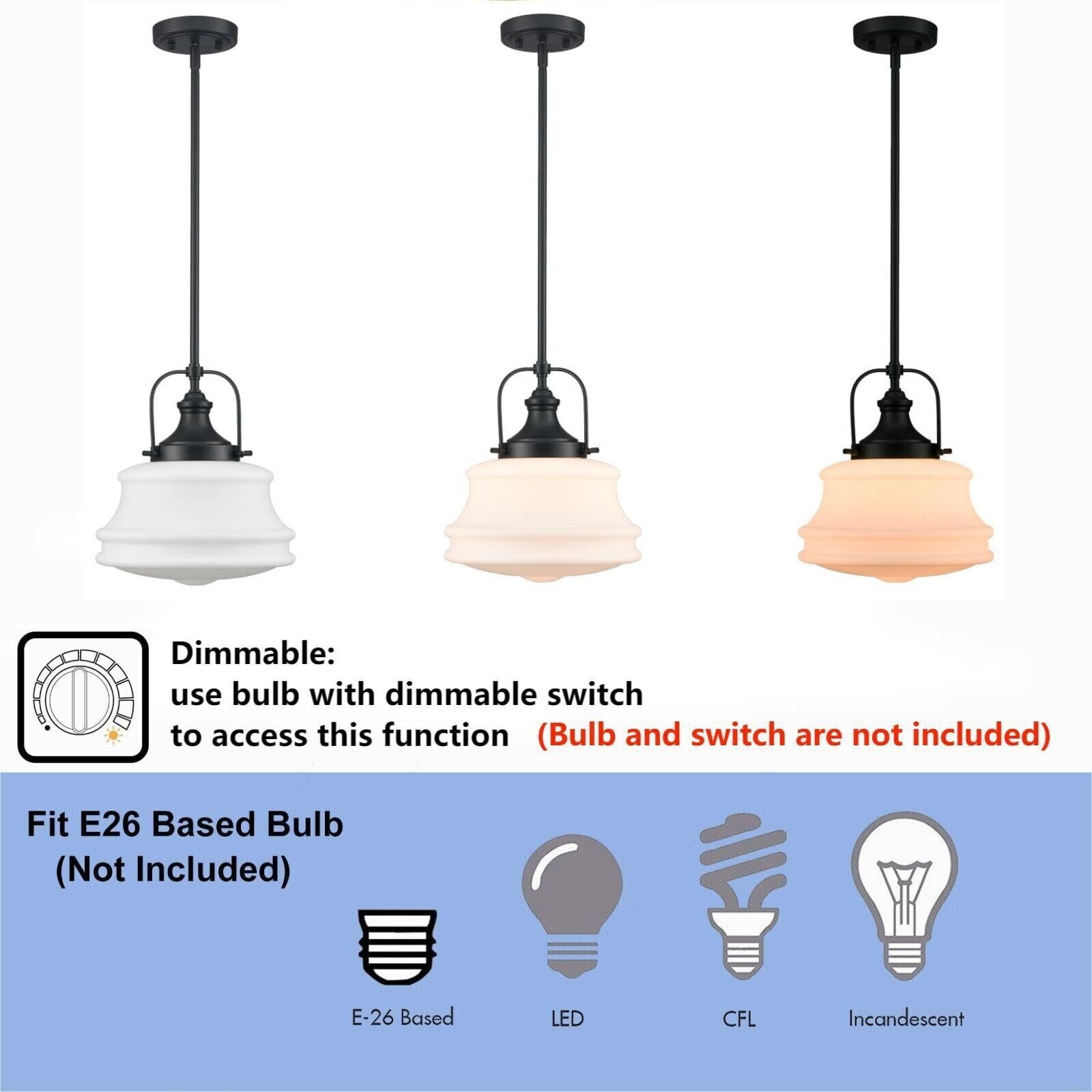Modern Schoolhouse Pendant Light Fixtures Black Hanging Light Milky Glass