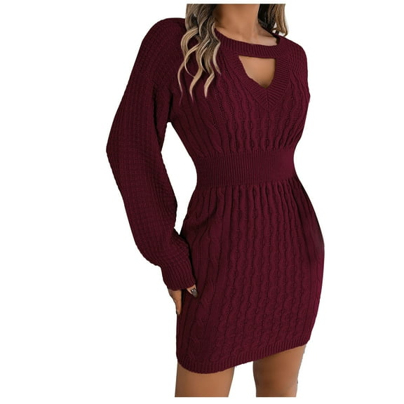 clear 50% off wycnly Dresses for Women Womens Sweater Dresses Casual Solid Long Sleeve Winter Cozy Knitted Mini Dress Elastic Waist Sexy Hollow out Party Club Bodycon Mini Dress