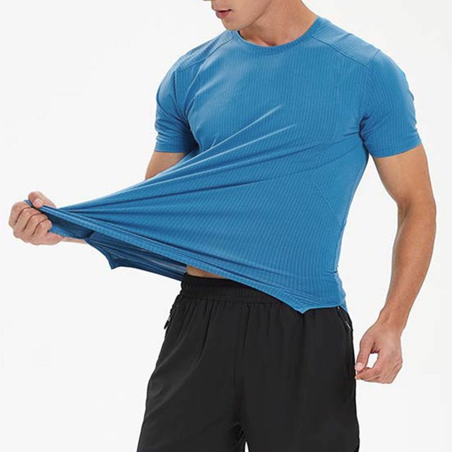 Workout Shirt Men Compression Fit Quick Drying Gym Shirts Mesh Breathable Short Sleeve Crew Neck Running Fishing Hiking Top