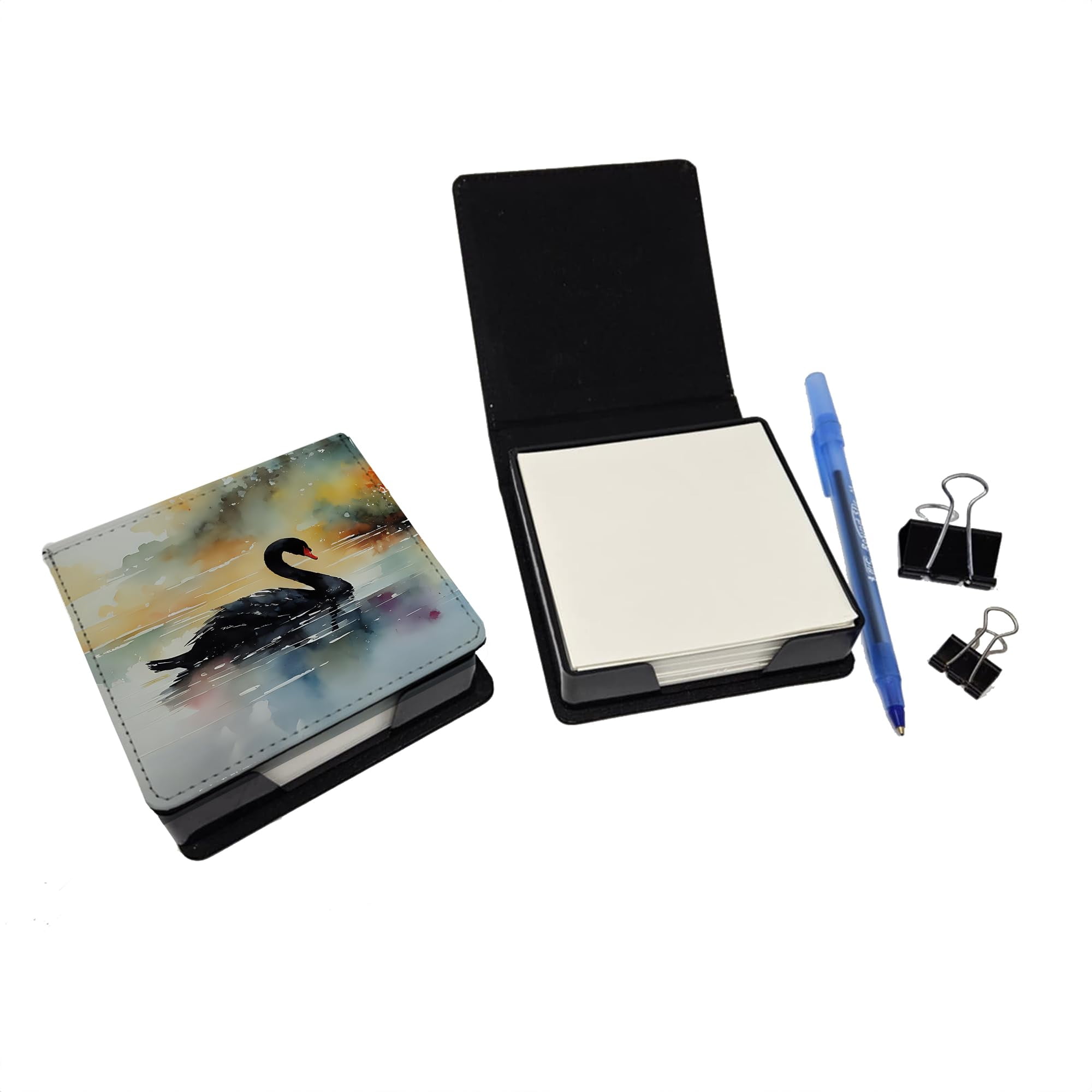 Caroline's Treasures Black Swan PU Leather Note Paper Holder with Artist-Designed Cover, Desk Accessory, Office Gift