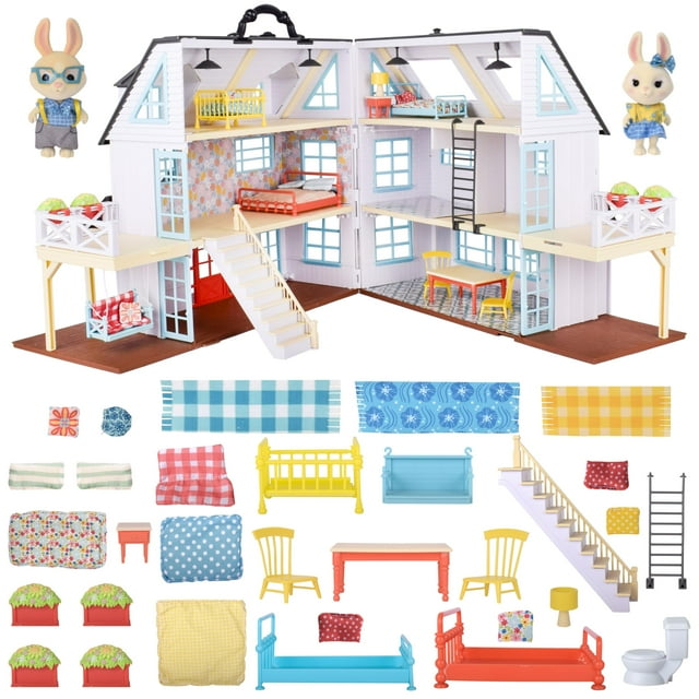 Sunny Days Entertainment Honey Bee Acres Buzzby Farmhouse – 49 Furniture Accessories with 2 Exclusive Figures | 15 Inch Dollhouse Playset | Pretend Play Toys for Kids
