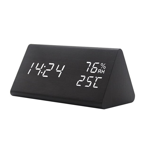pitrice Creative Digital Clock Wooden Electronic LED Time Display Temperature and Humidity Detect Clock for Bedroom