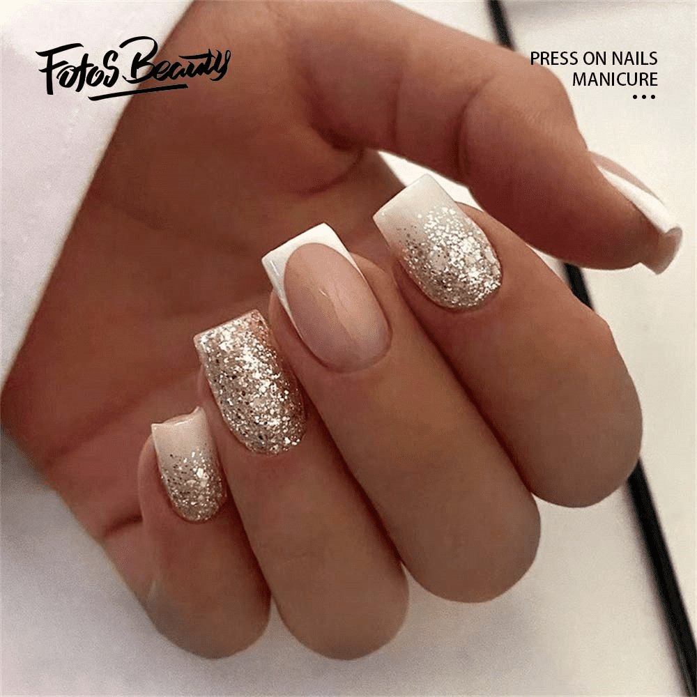 Square Shaped Acrylic False Nails Silver Shimmer Glitter Gradient White  French Fake Nail Salon Full Cover Nail Art Tips | Kiss Salon Acrylic French  Nails Shorts