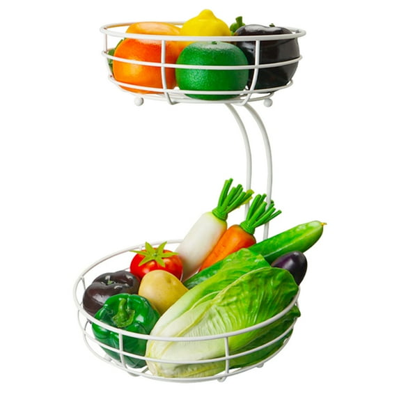 Bextsrack 2 Tier Fruit Basket with Banana Hanger Detachable Metal Fruit Bowl for Kitchen Hoom Decor Storage Basket, White