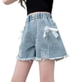 thumbnail image 5 of YunPes Jean Shorts for Girls Cute Bow Lace Strap & Pearl Summer Y2k Denim Shorts Ripped Raw Hem High Waist Wide Leg Pull On Pants, 5 of 5