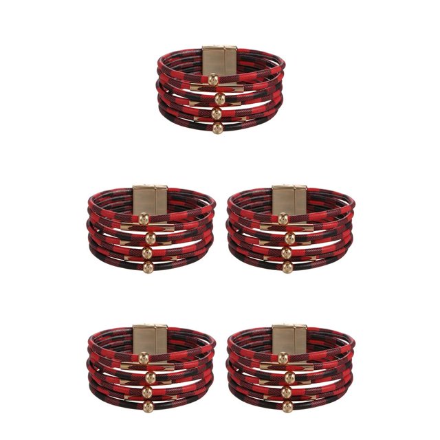 QualitChoice Bracelet Multicouches Boucle Magnétique Cuir Multicolore Léopard Impression Valentines Jour Cadeaux Bracelets Bijoux Main Noir Rouge Check 5Set