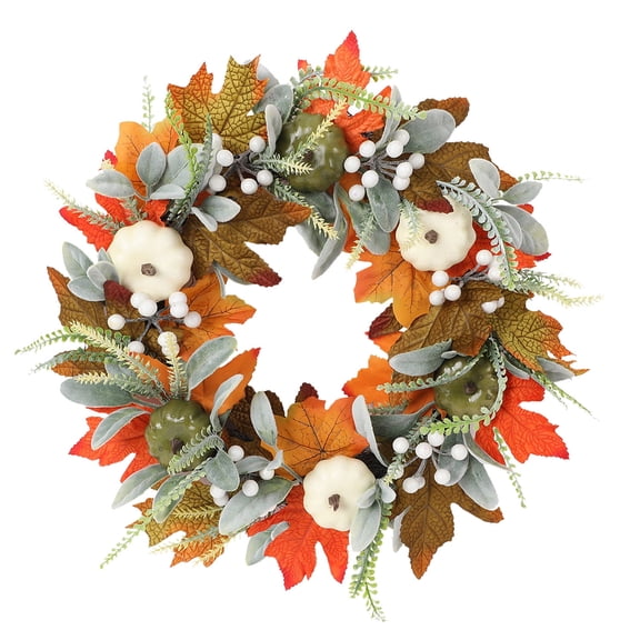 18 Inch Fall Thanksgiving Wreath, Handcrafted Eucalyptus Lamb’s Ear Leaves Wreath with Mini Pumpkins Berries, Rustic Farmhouse Autumn Harvest Decor for Front Door Porch Mantel Wall Indoor Outdoor