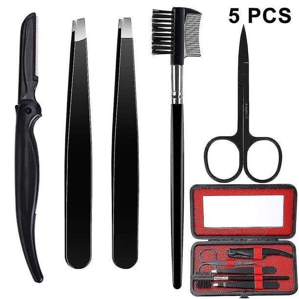 Kit para cejas, pinzas 5 en 1 compatibles con cejas, juego profesional de cuidado de cejas que incluye maquinilla de afeitar para cejas de acero inoxidable, cepillo para cejas, tij